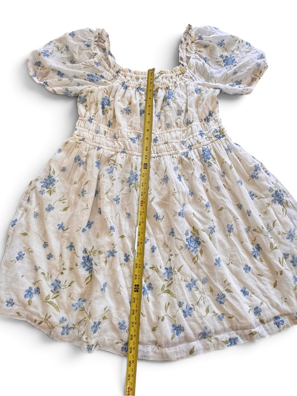 Cream Floral Puff-Sleeve BoHo flowery cottage core Dress with Blue Flowers - Picture 8 of 10